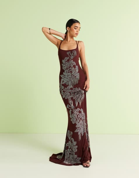ASOS DESIGN square neck artwork floral hotfix maxi dress with fringe embellishment in chocolate
