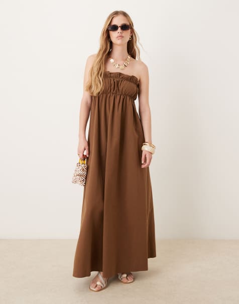 ASOS DESIGN ruffle bust maxi dress in rich chocolate