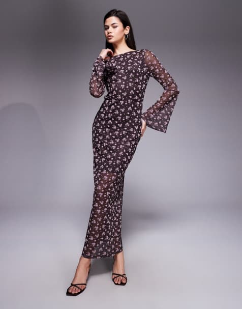 ASOS DESIGN – Czekoladowa sukienka maxi z rozkloszowanymi rękawami i flokowanym kwiatowym wzorem - view 1