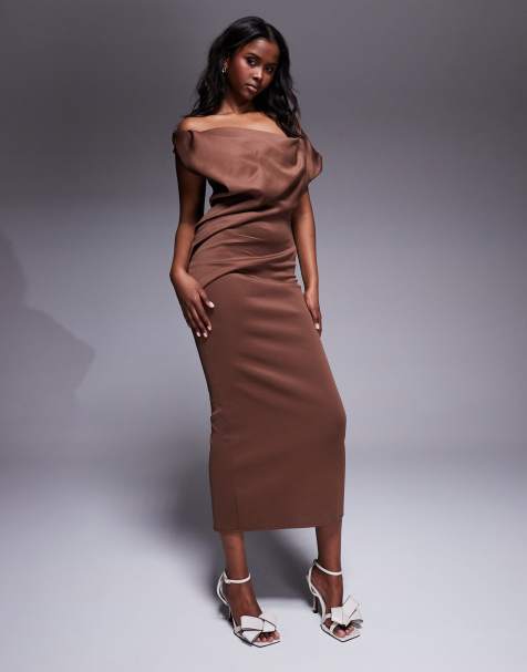 ASOS DESIGN  pleated fallen shoulder midaxi dress with asymmetric back in chocolate in scuba-style fabric