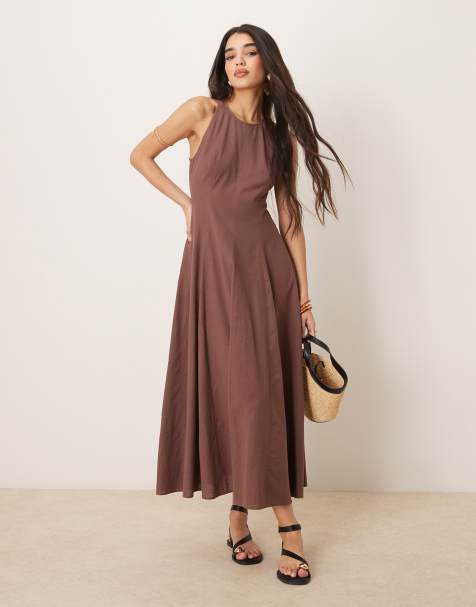 ASOS DESIGN seamed midi dress in chocolate