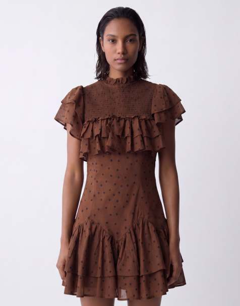 ASOS DESIGN high neck ruffle mini dress with shirring in chocolate spot