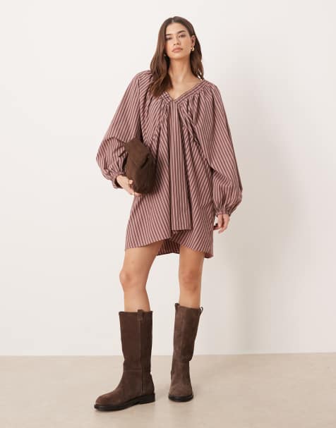 ASOS DESIGN – Czekoladowa sukienka mini w stylu babydoll w paski - view 1