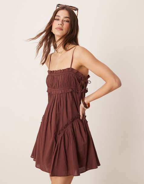 ASOS DESIGN babydoll mini dress with ruffle hem in chocolate