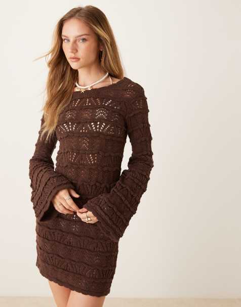 ASOS DESIGN knitted open stitch mini dress with flared sleeve in chocolate