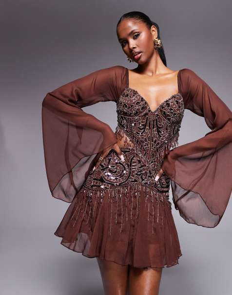 ASOS DESIGN fluted sleeve mini dress with placement embellishment in chocolate 
