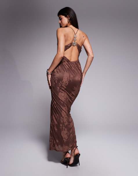 ASOS DESIGN cowl burnout halter with gold back detail in chocolate