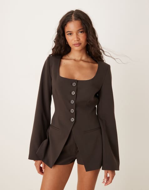 ASOS DESIGN scoop neckline cinch blazer in chocolate