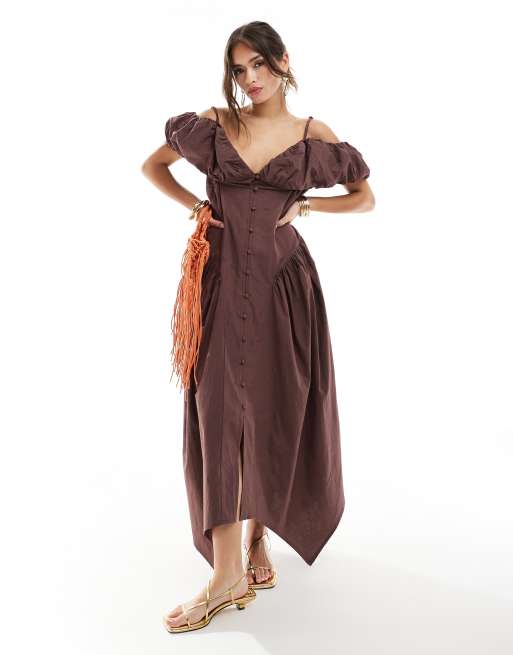 ASOS DESIGN – Czekoladowa zapinana na guziki sukienka midi z dekoltem i rękawami bardot i spódnicą oversize