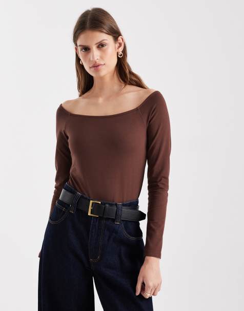 ASOS DESIGN – Czekoladowe bawełniane body z odsłoniętymi ramionami - view 1