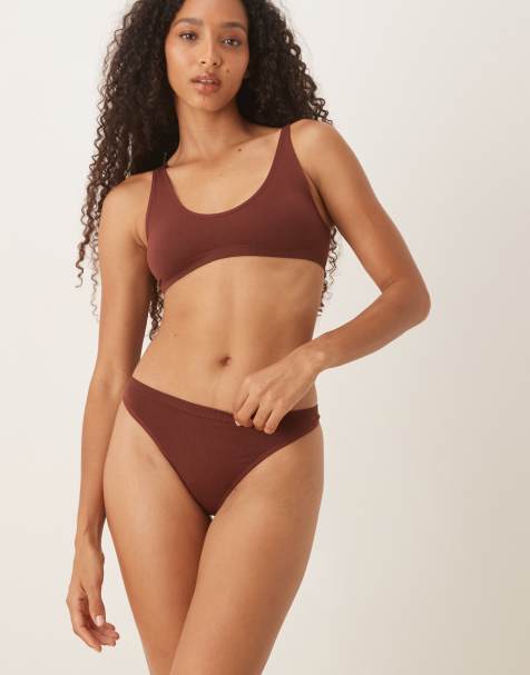 ASOS DESIGN ribbed thong in chocolate