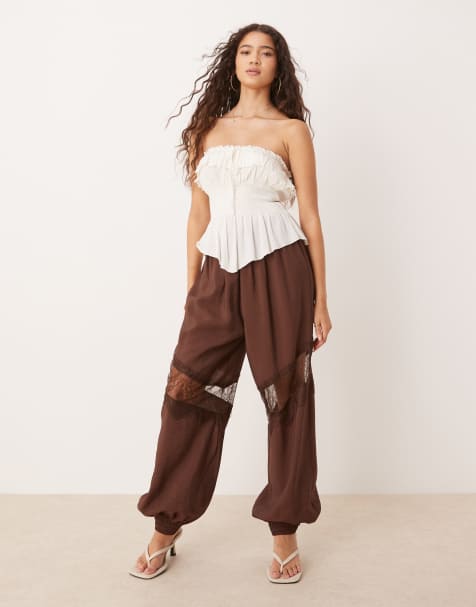 ASOS DESIGN lace insert hareem pant in chocolate