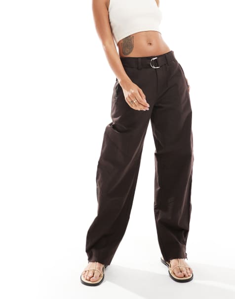 ASOS DESIGN belted panelled laundered utility trousers with zip detail in chocolate