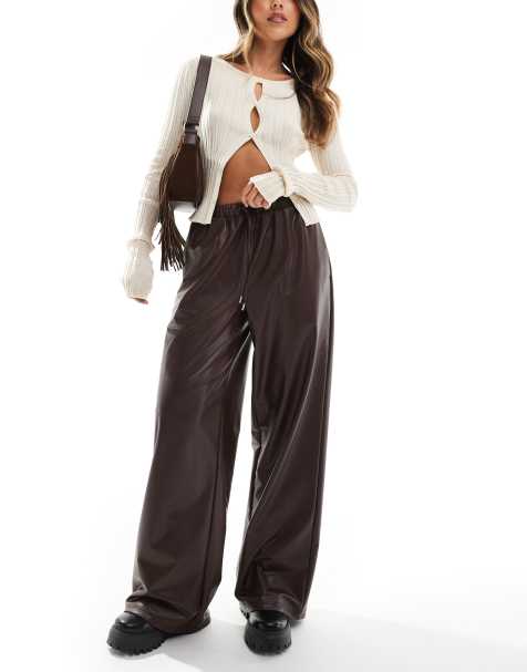 ASOS DESIGN leather look tie waist wide leg trousers in chocolate