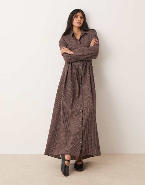 ASOS DESIGN maxi shirt dress with cinched waist detail in chocolate and navy gingham