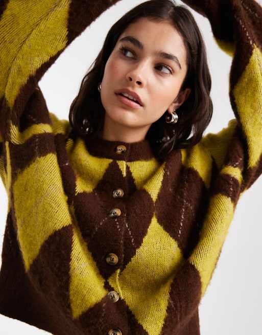 ASOS DESIGN – Czekoladowo-oliwkowy pudełkowy kardigan oversize w romby, 2 z 4