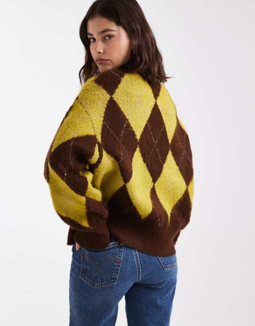ASOS DESIGN – Czekoladowo-oliwkowy pudełkowy kardigan oversize w romby, 3 z 4