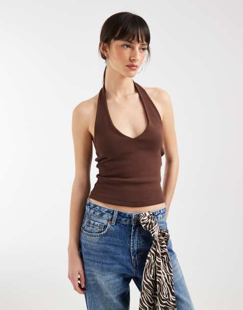 ASOS DESIGN – Czekoladowobrązowa bawełniany top o gęstym splocie z dekoltem typu halter - view 1