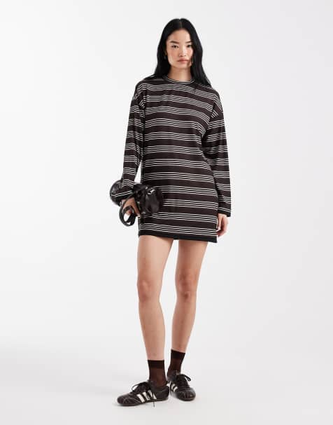 ASOS DESIGN – Czekoladowobrązowa dwuwarstwowa sukienka mini z długimi rękawami i wzorem w paski - view 1