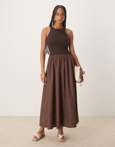 ASOS DESIGN – Czekoladowobrązowa hybrydowa sukienka maxi z dekoltem o fasonie bokserki - view 1