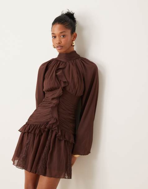 ASOS DESIGN high neck waterfall frill mini dress with lace godets in chocolate brown