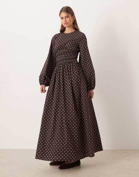 ASOS DESIGN poplin crew neck maxi dress with ruched waist and volume sleeve in chocolate micro spot