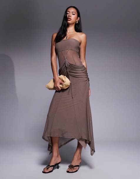 ASOS DESIGN mesh corsetted bandeau maxi dress in chocolate