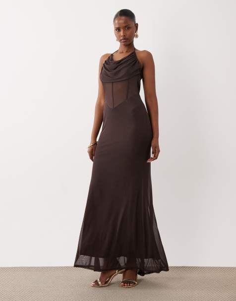 ASOS DESIGN – Czekoladowobrązowa siateczkowa sukienka maxi z gorsetową górą i drapowanym dekoltem - view 1