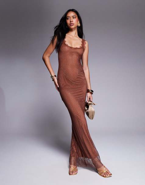 ASOS DESIGN embellished fishnet hotfix maxi dress with super scoop neck and lace trim in chocolate