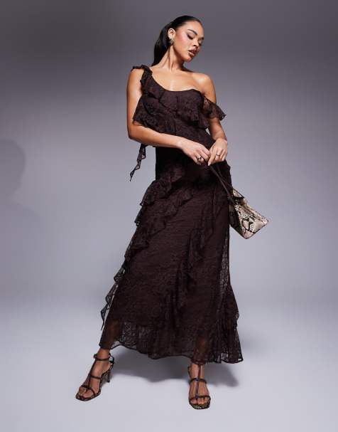 ASOS DESIGN one shoulder mixed lace ruffle midaxi dress in chocolate brown