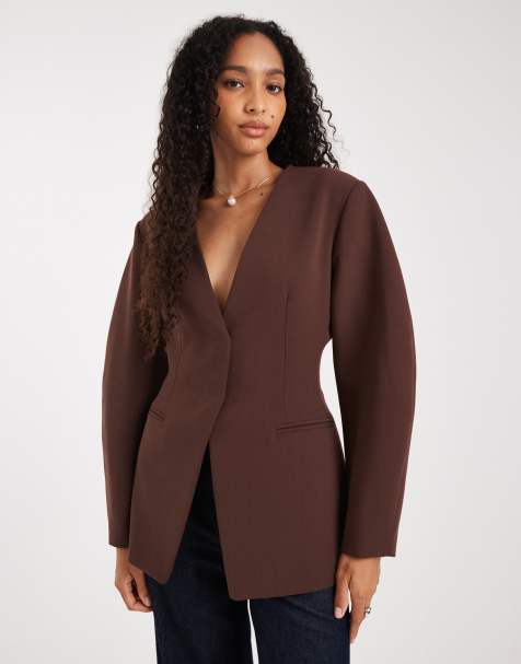 ASOS DESIGN cinch collarless blazer in chocolate
