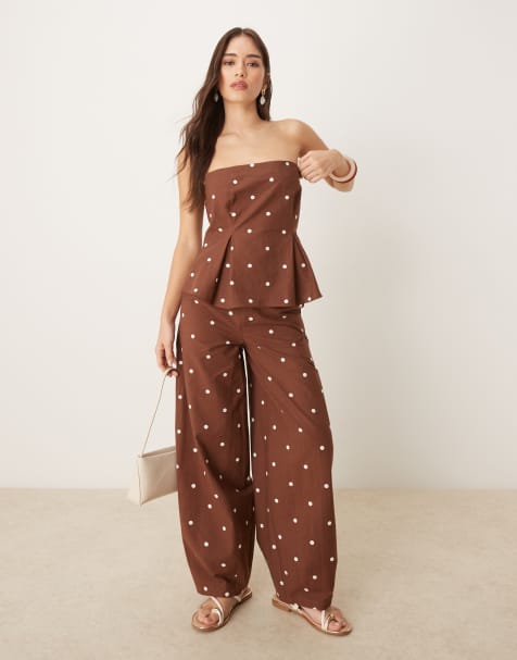 ASOS DESIGN linen blend barrel leg trouser in chocolate polka dot co ord