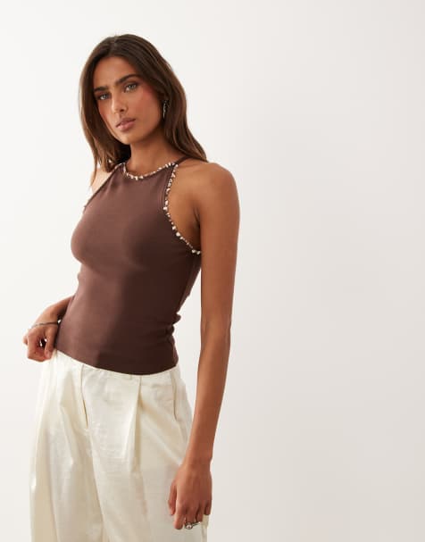 ASOS DESIGN – Czekoladowobrązowy bawełniany top o fasonie bokserki z koralikami - view 1
