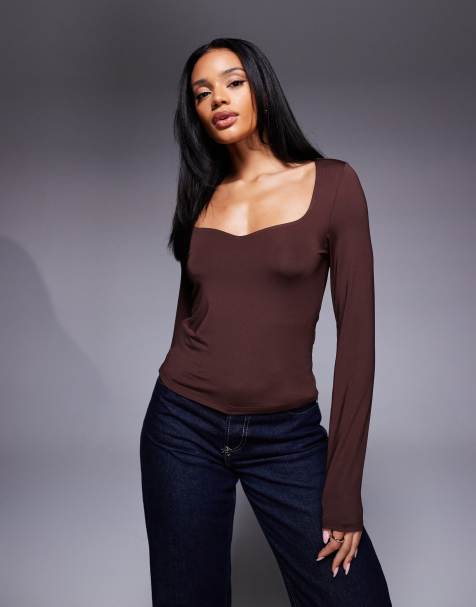 ASOS DESIGN double layer long sleeve curved scoop neck top in chocolate