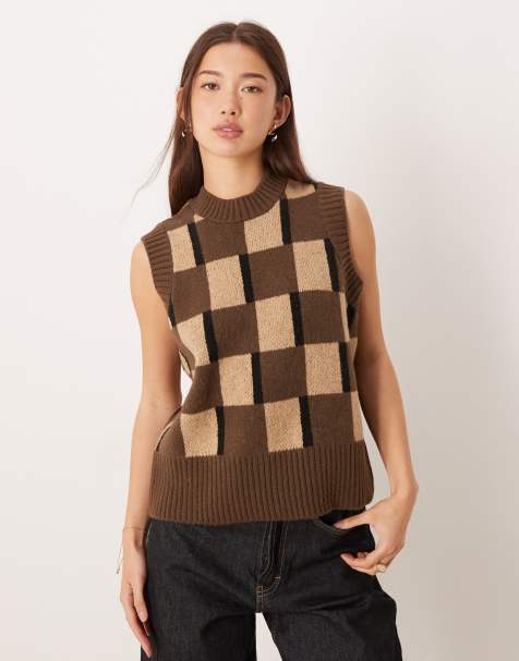 ASOS DESIGN – Czekoladowobrązowy dzianinowy top bez rękawów ze szczotkowanego materiału w kratę - view 1