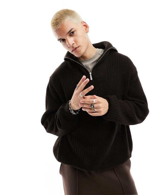 ASOS DESIGN – Czekoladowobrązowy sweter oversize z bardzo wysokim kołnierzem i suwakiem pod szyją z dzianiny o splocie angielskim