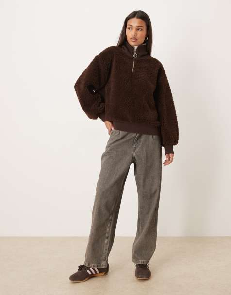 ASOS DESIGN – Czekoladowobrązowy top oversize z kożuszka zapinany na zamek z golfem - view 1