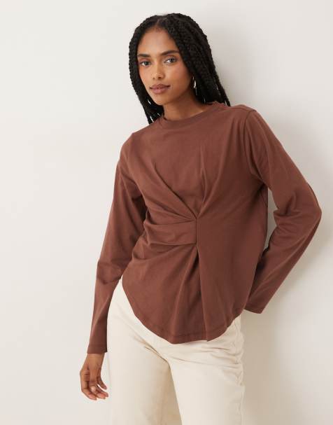 ASOS DESIGN pleat detail cinched long sleeve top in chocolate