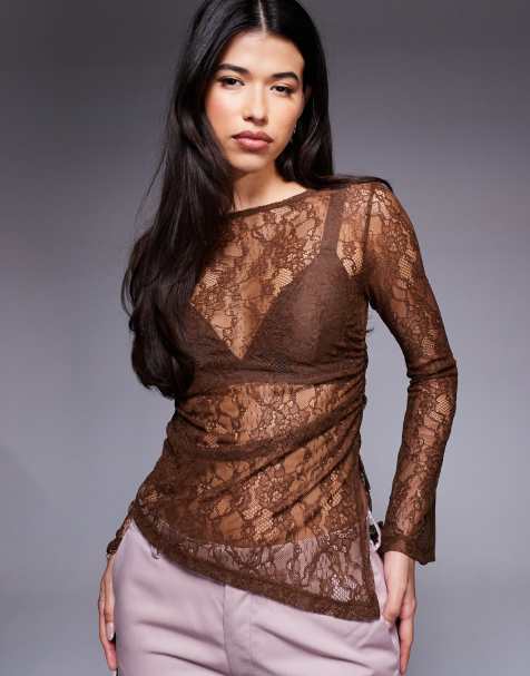 ASOS DESIGN gathered side lace asymmetric detail top in chocolate