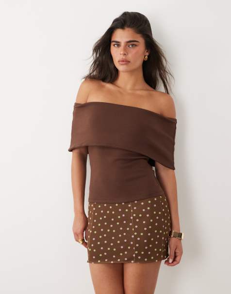 ASOS DESIGN – Czekoladowy bawełniany top z dekoltem bardot - view 1