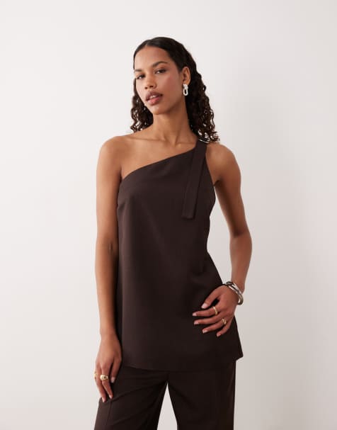 ASOS DESIGN tailored one shoulder co-ord top in chocolate