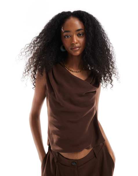 ASOS DESIGN lyocell drape off shoulder top in chocolate co ord