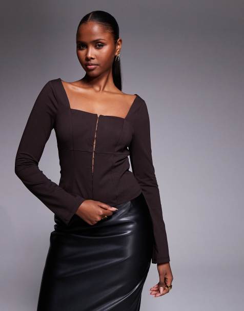 ASOS DESIGN – Czekoladowy gorsetowy top z długimi rękawami i dekoltem karo - view 1
