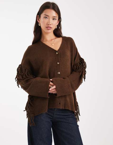 ASOS DESIGN fringe detail boyfriend cardigan in chocolate