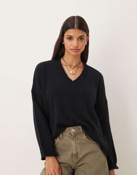ASOS DESIGN roll trim relaxed v neck jumper in chocolate