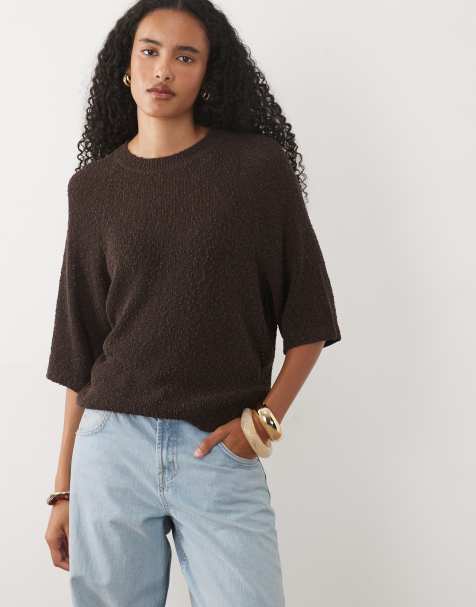 ASOS DESIGN – Czekoladowy luźny T-shirt z okrągłym dekoltem i obniżoną linią ramion - view 1
