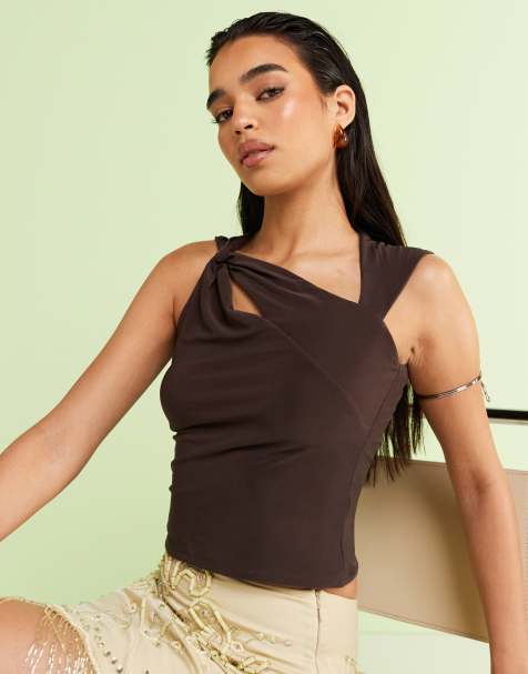ASOS DESIGN slinky cross strap cut out top in chocolate