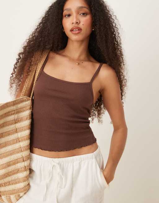 ASOS DESIGN – Czekoladowy podkoszulek na ramiączkach o waflowej teksturze z karbowanym dołem