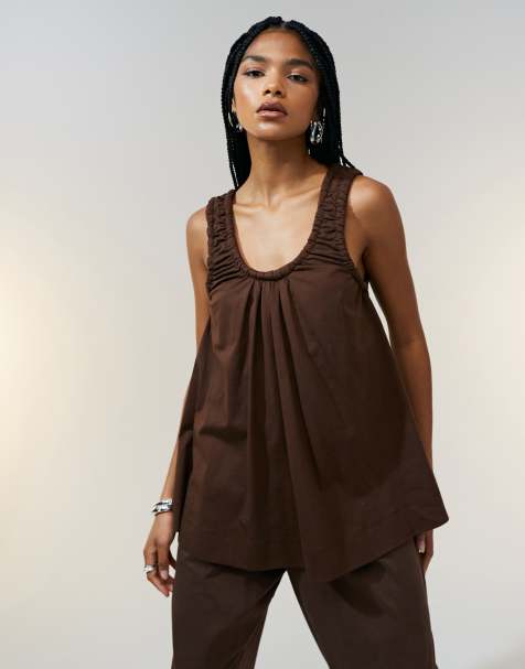 ASOS DESIGN ruched neckline detail vest top in chocolate