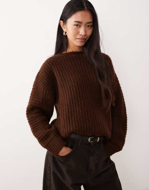 ASOS DESIGN slash neck blouson sleeve jumper with rib overarm detail in chocolate